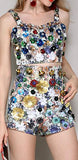 Floral-Appliques Bustier Top & High-Waist Short Set