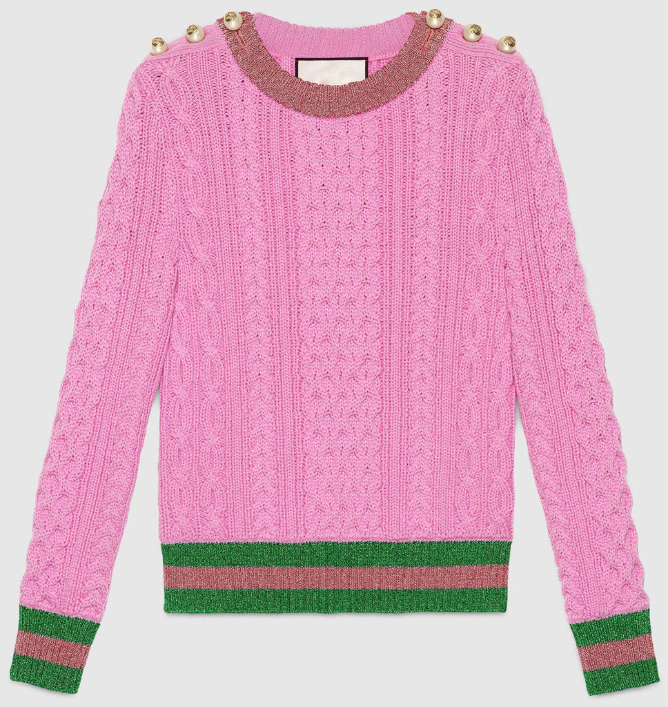 Beaded Shoulder Contrast-Stripe Knit Sweater in Pink - DESIGNER INSPIRED FASHIONS