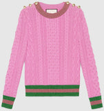 Beaded Shoulder Contrast-Stripe Knit Sweater in Pink - DESIGNER INSPIRED FASHIONS