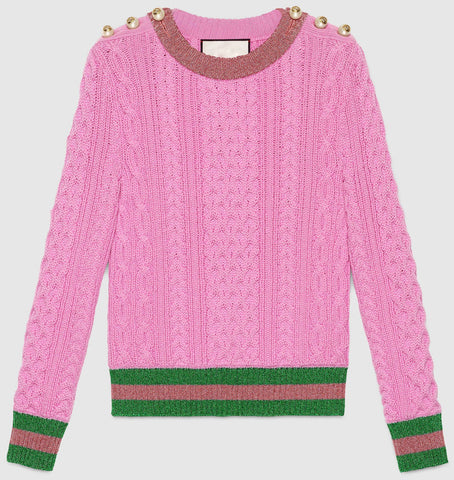 Beaded Shoulder Contrast-Stripe Knit Sweater in Pink - DESIGNER INSPIRED FASHIONS