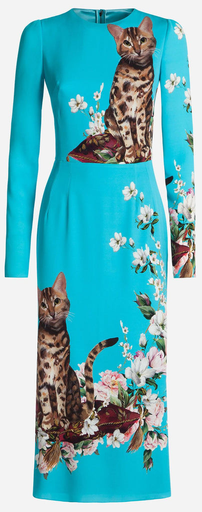 Bengal Cat Printed Dress, Blue
