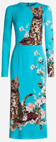 Bengal Cat Printed Dress, Blue