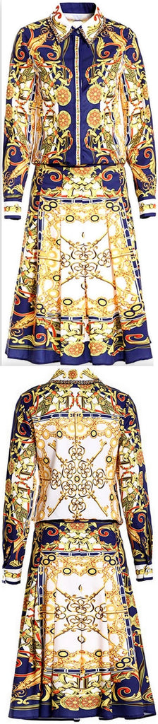 Printed Shirt and Pleated Skirt Set