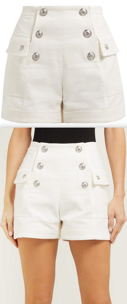 Button-Embellished Shorts, White