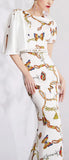Butterfly Print Draped-Sleeve Gown