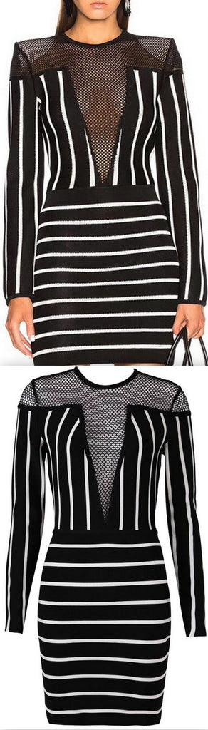 Mesh Detail Striped Mini Dress
