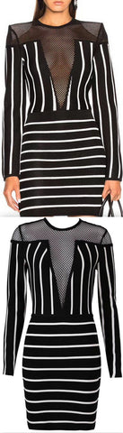 Mesh Detail Striped Mini Dress