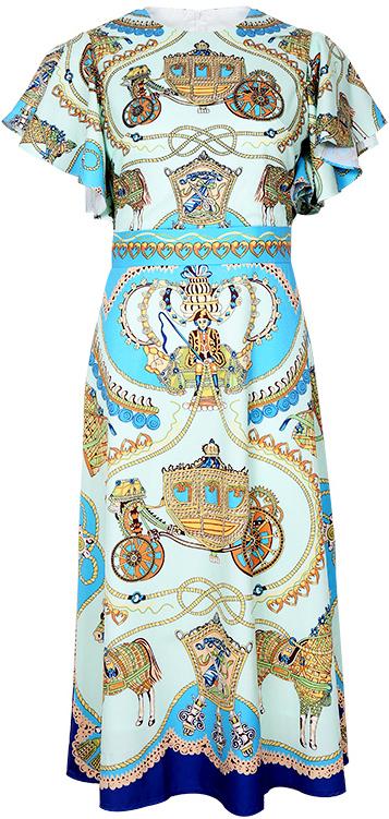Blue Vintage-Print Flutter-Sleeve Dress