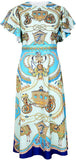 Blue Vintage-Print Flutter-Sleeve Dress