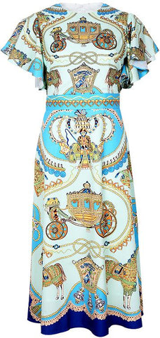 Blue Vintage-Print Flutter-Sleeve Dress