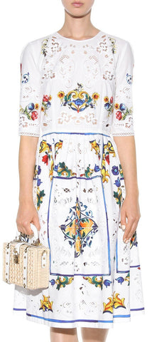 Laser-Cut Tile Print Dress in White - DESIGNER INSPIRED FASHIONS