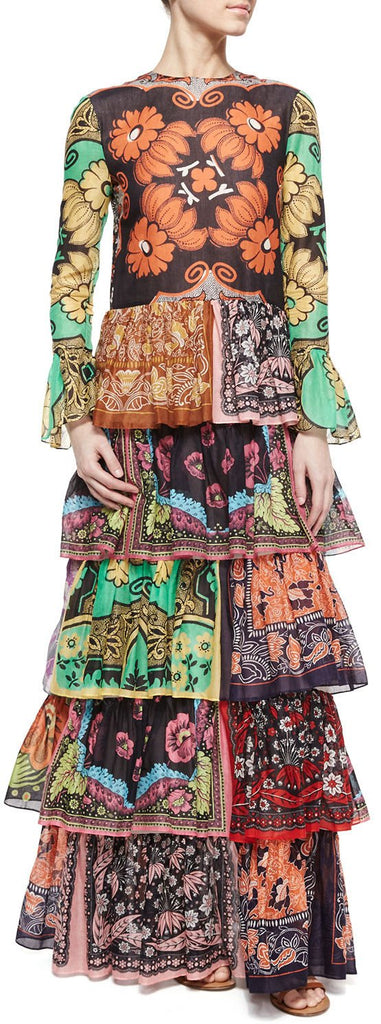 Colorful Patchwork-Print Long Ruffle Tiered Dress - DESIGNER INSPIRED FASHIONS