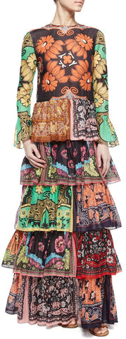 Colorful Patchwork-Print Long Ruffle Tiered Dress - DESIGNER INSPIRED FASHIONS