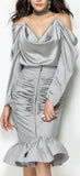 Draped Satin Blouse & Ruched Zip Skirt Set - Grey or Black
