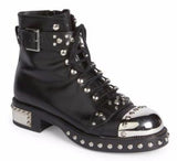 Studded Lace-Up Cap-Toe Boot, Black