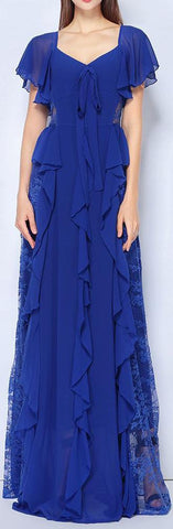 Ruffle Chiffon Dress with Lace Detail, Blue