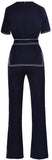Contrast-Stripe Belted Top and Pant Set - Deep Navy Blue or White