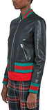 Contrast-Stripe Embroidered Leather Bomber Jacket - DESIGNER INSPIRED FASHIONS