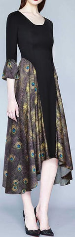 Peacock Print Paneled Asymmetrical Midi Dress