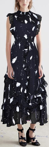Ruffled Print Midi Dress, Dark Blue