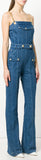 Denim Jumpsuit with Chain Straps and Gold Lion Head Button Detail