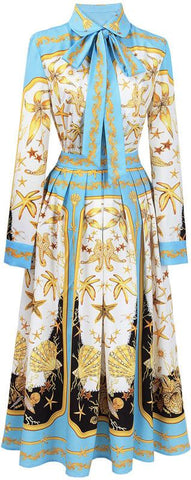Shell & Starfish Printed Shirt with Necktie & Matching Midi Skirt