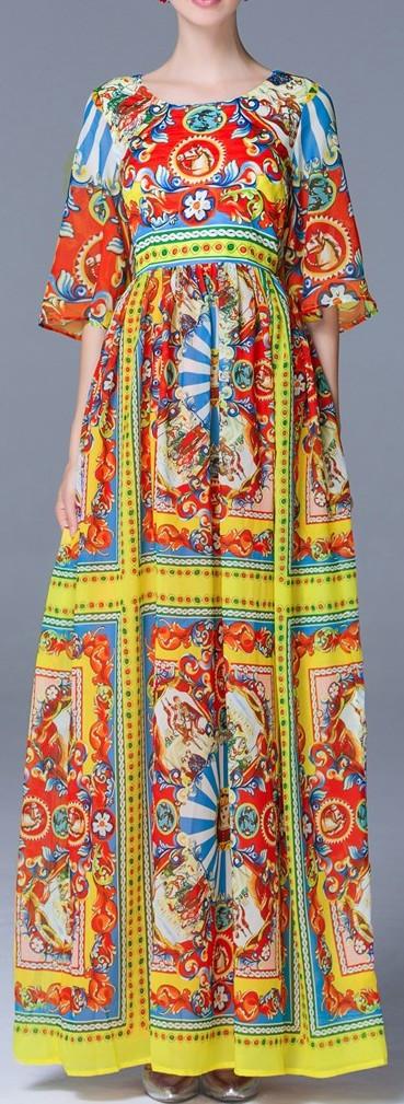 'Carretto' Multicolored Printed Satin Maxi Dress - DESIGNER INSPIRED FASHIONS