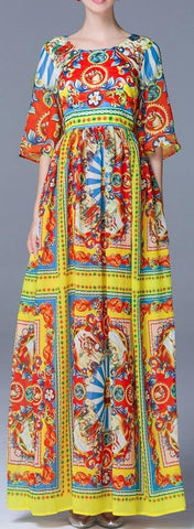 'Carretto' Multicolored Printed Satin Maxi Dress - DESIGNER INSPIRED FASHIONS