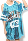 Sequin Embellished Open-Shoulder T-Shirt in Blue - DESIGNER INSPIRED FASHIONS