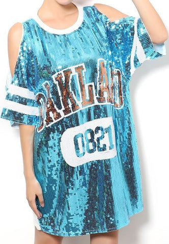 Sequin Embellished Open-Shoulder T-Shirt in Blue - DESIGNER INSPIRED FASHIONS