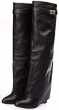 Shark Lock Wedge Knee Leather Boots in Grainy Black - DESIGNER INSPIRED FASHIONS