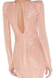 Long Sleeve Metallic-Stripe V-Neck Pink Stretch Short Dress - DESIGNER INSPIRED FASHIONS