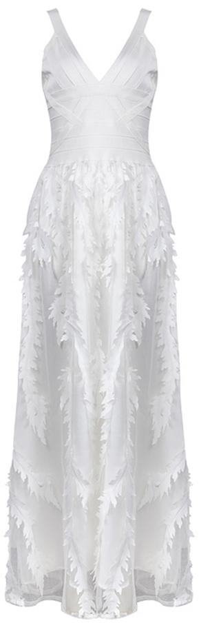 Leaf-Embellished Bandage-Top Midi Dress, White
