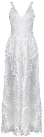 Leaf-Embellished Bandage-Top Midi Dress, White