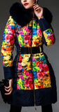 Multi-Colored Floral Print Down Coat with Fox Fur Trim - DESIGNER INSPIRED FASHIONS