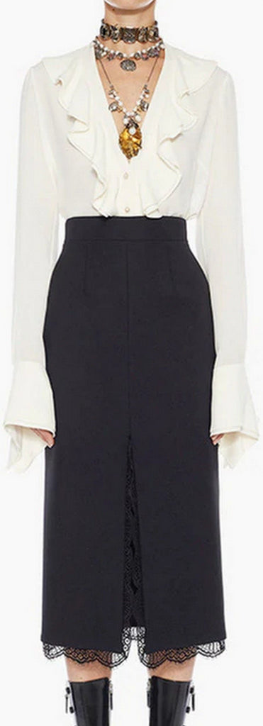 Ruffled Blouse with Lace-Trim Skirt
