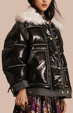 Black Thick Glossy Puffer Down Jacket with Lambs Wool Collar