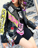 Studded Printed Short Faux-Leather Motorcycle Jacket - DESIGNER INSPIRED FASHIONS
