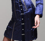 Bead Embellished Satin Sheen White-Duck-Down Coat with Fur-Trim in Blue - DESIGNER INSPIRED FASHIONS