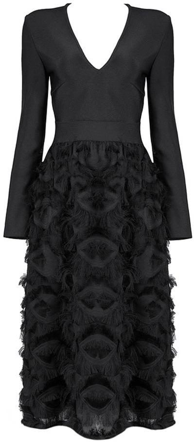 Black Long Sleeve Fringe-Decorated Midi Dress