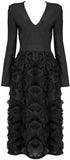 Black Long Sleeve Fringe-Decorated Midi Dress