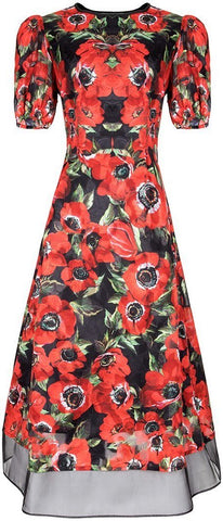 Floral-Print Tulle-Hem Midi Dress