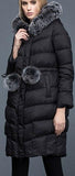 Thick Puffer Coat with Fur Trim Hood and Pom Poms, Black