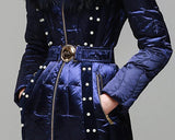 Bead Embellished Satin Sheen White-Duck-Down Coat with Fur-Trim in Blue - DESIGNER INSPIRED FASHIONS