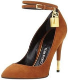 Padlock & Key Embellished Suede Pumps in Burgundy or Caramel-Brown - DESIGNER INSPIRED FASHIONS