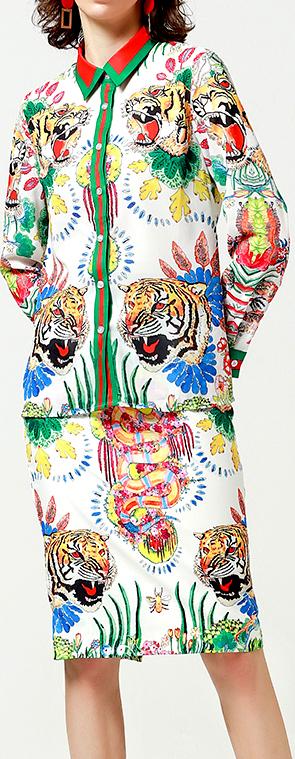 Print Web-Trim Shirt and Pencil Skirt Set