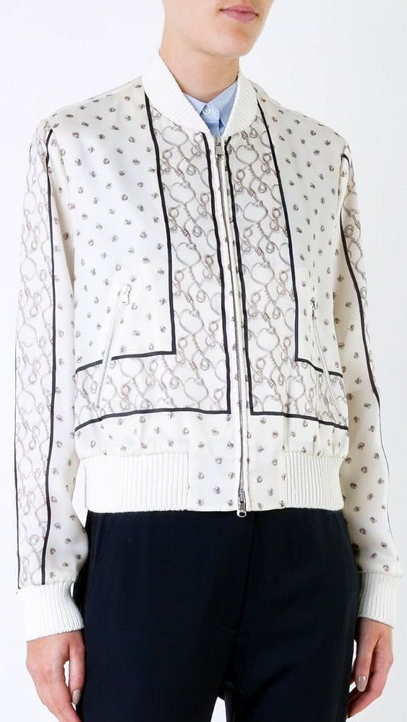 Foulard Printed Satin Bomber Jacket in White - DESIGNER INSPIRED FASHIONS