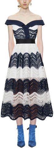 Off Shoulder Wave Guipure Midi Dress