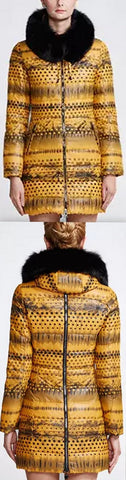 Printed Paneled Puffer Coat, Yellow