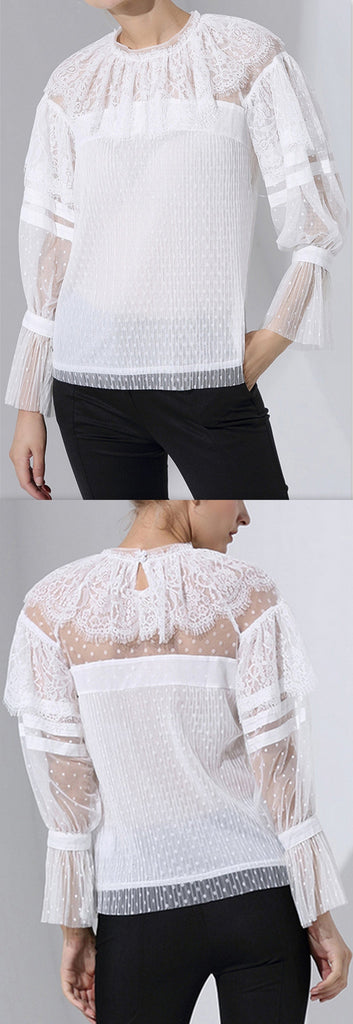 Ruffle Lace Blouse, White - DESIGNER INSPIRED FASHIONS